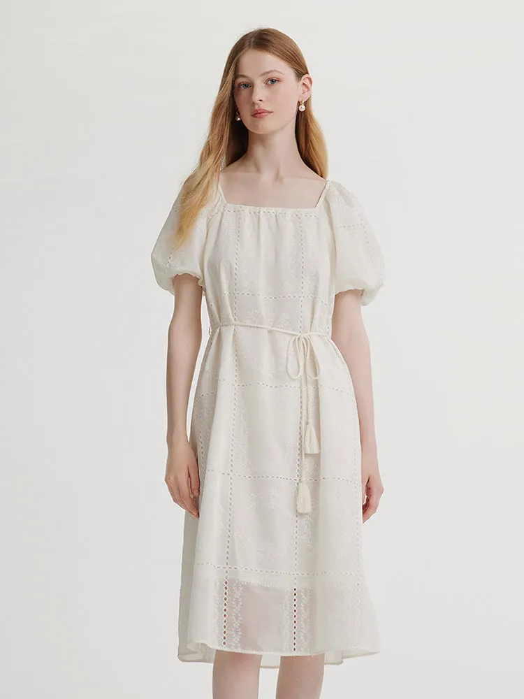 Square Neck Embroidered Midi Dress With Belt
