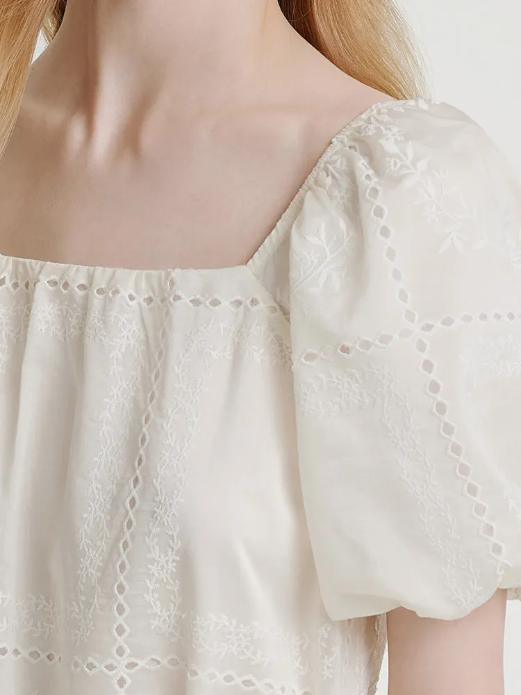 Square Neck Embroidered Midi Dress With Belt
