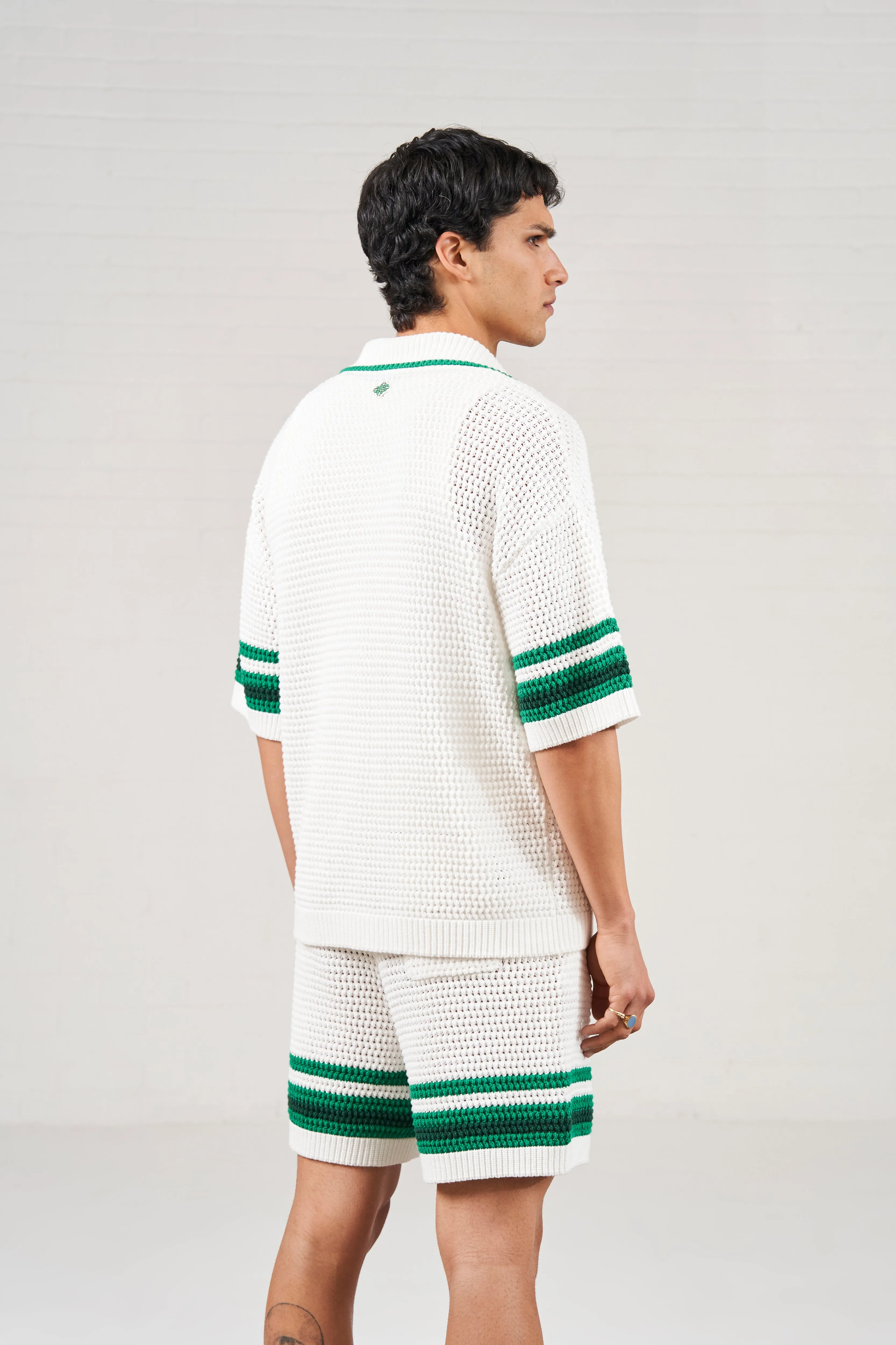 STRIPE TRIM CROCHET KNITTED SHIRT - WHITE