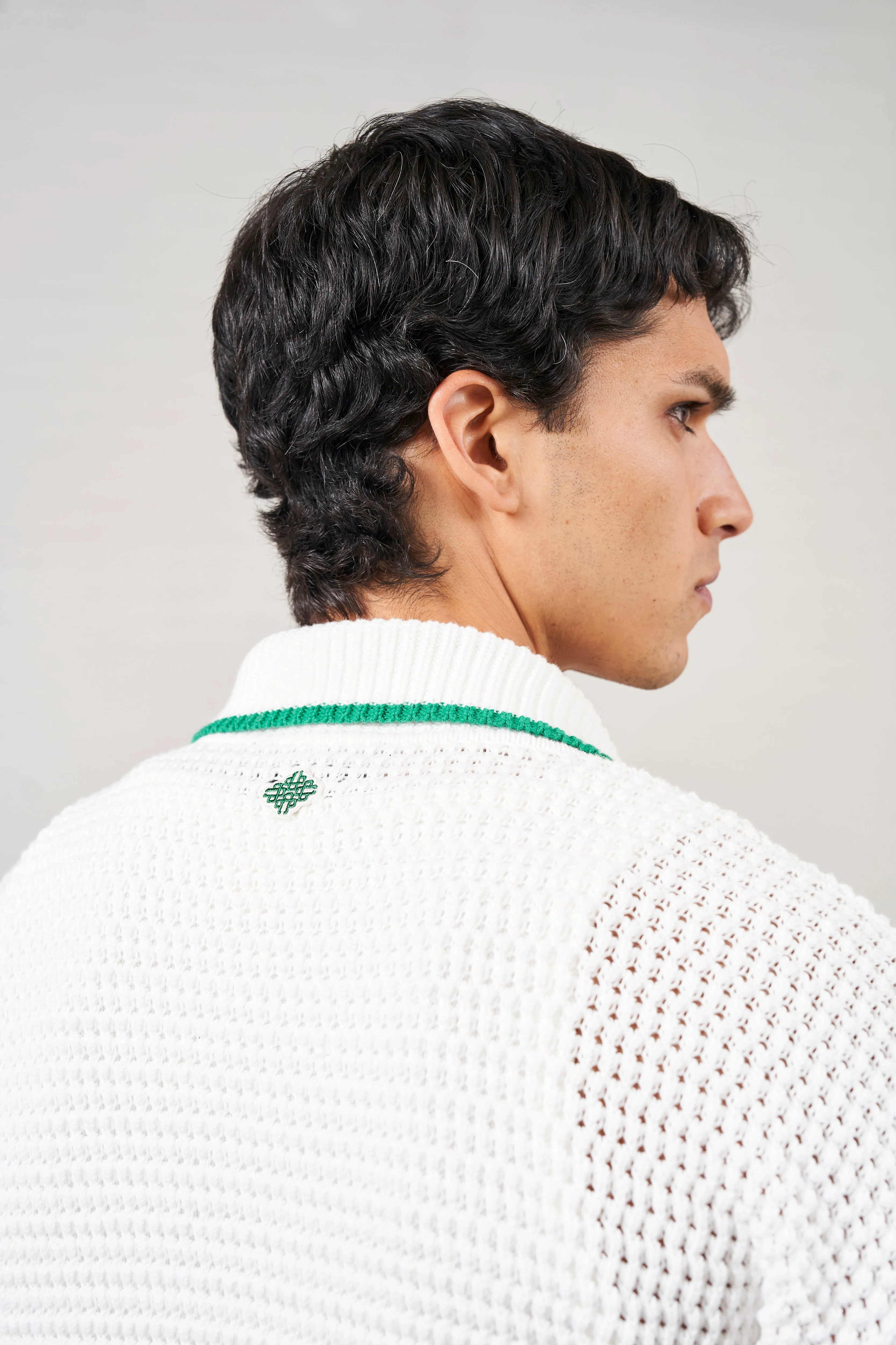 STRIPE TRIM CROCHET KNITTED SHIRT - WHITE