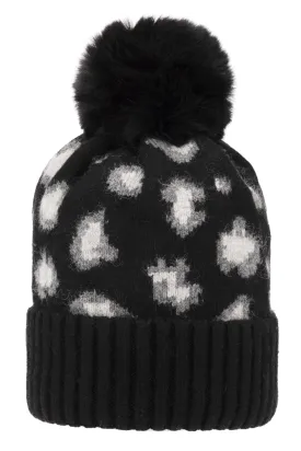 Super Soft Chunky Cashmere Hat with Pom Pom in Black Leopard