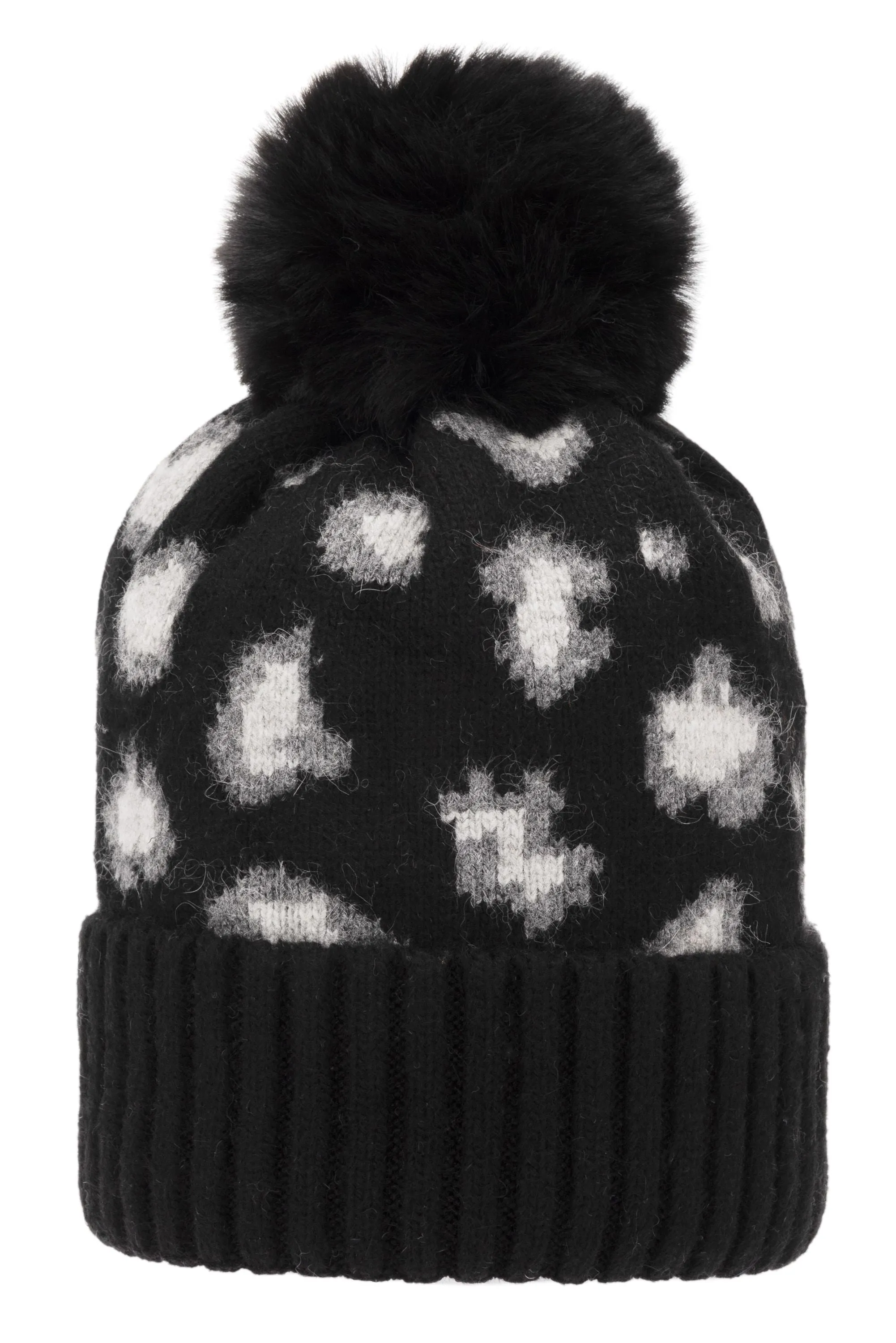 Super Soft Chunky Cashmere Hat with Pom Pom in Black Leopard