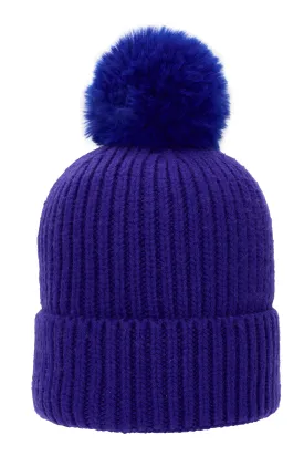 Super Soft Chunky Cashmere Hat with Pom Pom in Royal Purple
