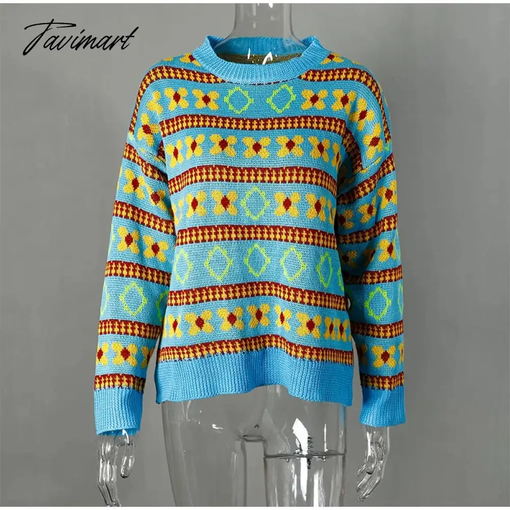 Tavimart Printed Striped Women's Sweaters Pullover Loose Long Sleeve O-neck Autumn Winter Female Knitwear Harajuku Street Ladies Sweater