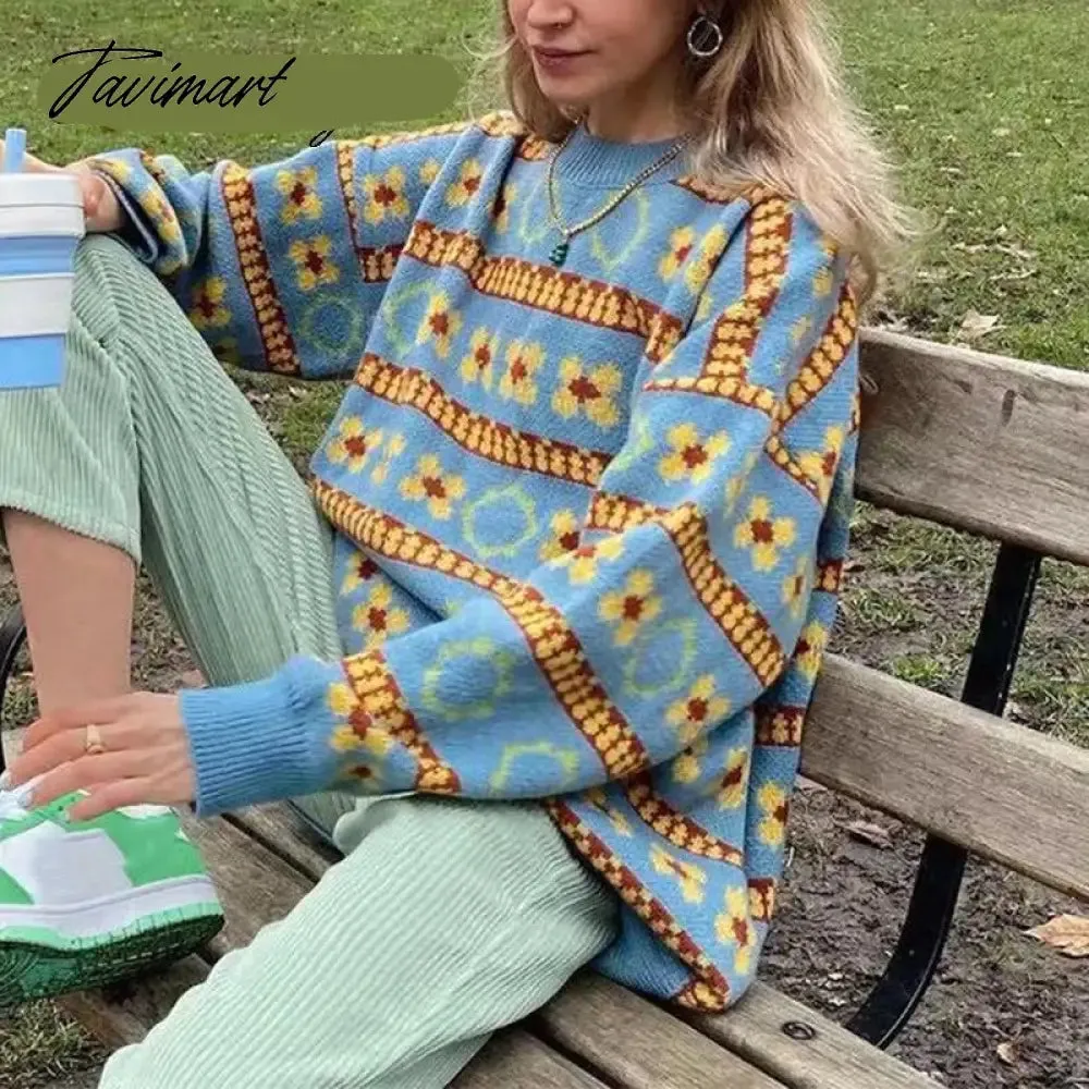 Tavimart Printed Striped Women's Sweaters Pullover Loose Long Sleeve O-neck Autumn Winter Female Knitwear Harajuku Street Ladies Sweater