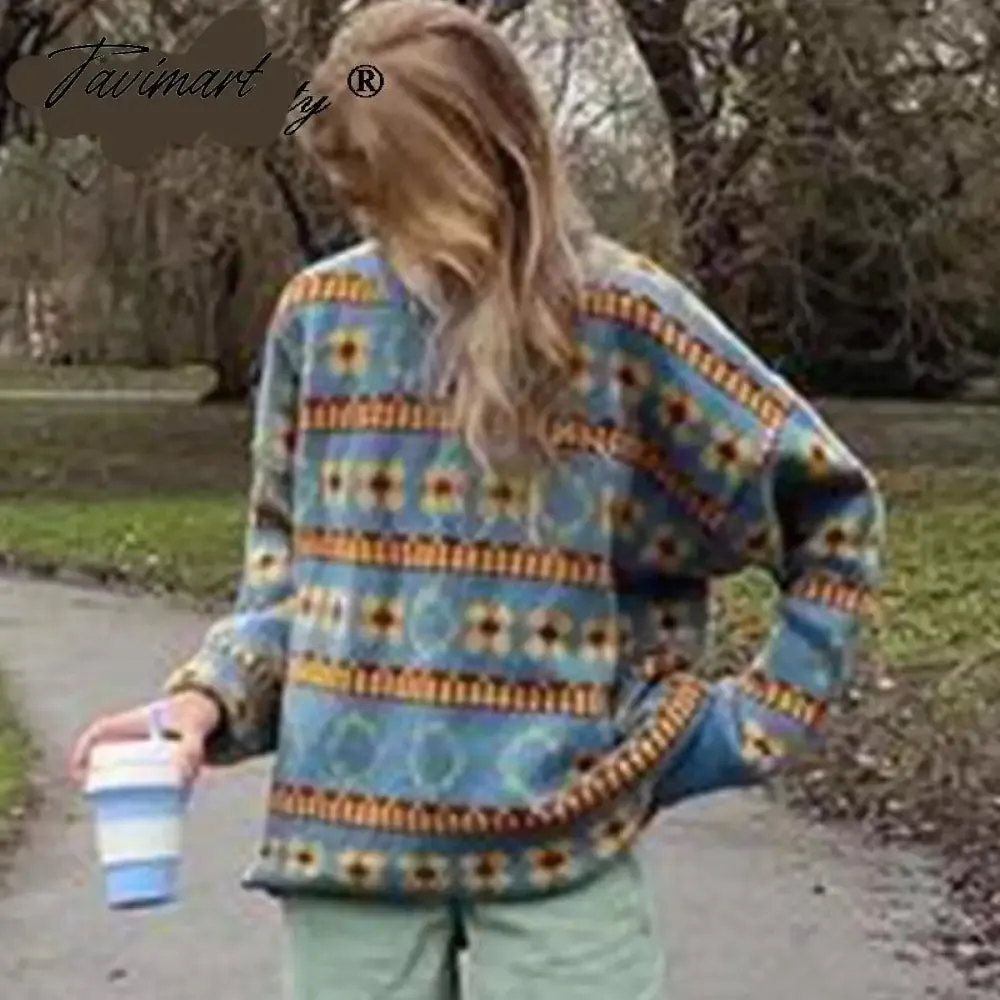 Tavimart Printed Striped Women's Sweaters Pullover Loose Long Sleeve O-neck Autumn Winter Female Knitwear Harajuku Street Ladies Sweater