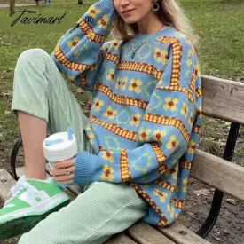 Tavimart Printed Striped Women's Sweaters Pullover Loose Long Sleeve O-neck Autumn Winter Female Knitwear Harajuku Street Ladies Sweater