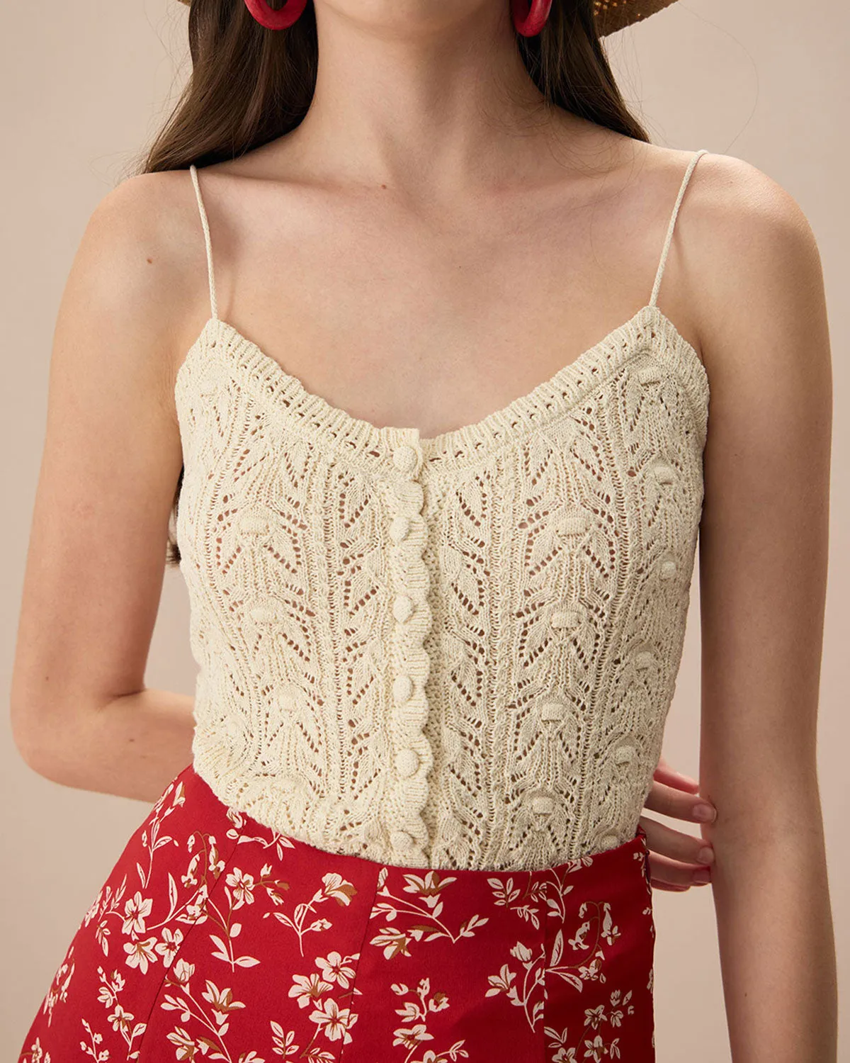 The Beige V Neck Pointelle Scalloped Cami Top