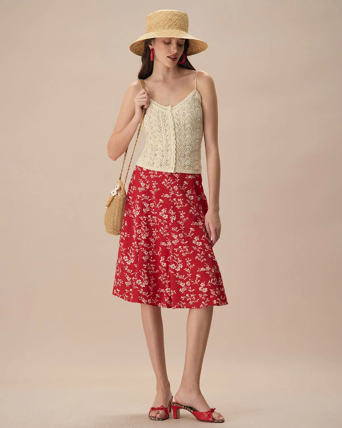 The Beige V Neck Pointelle Scalloped Cami Top