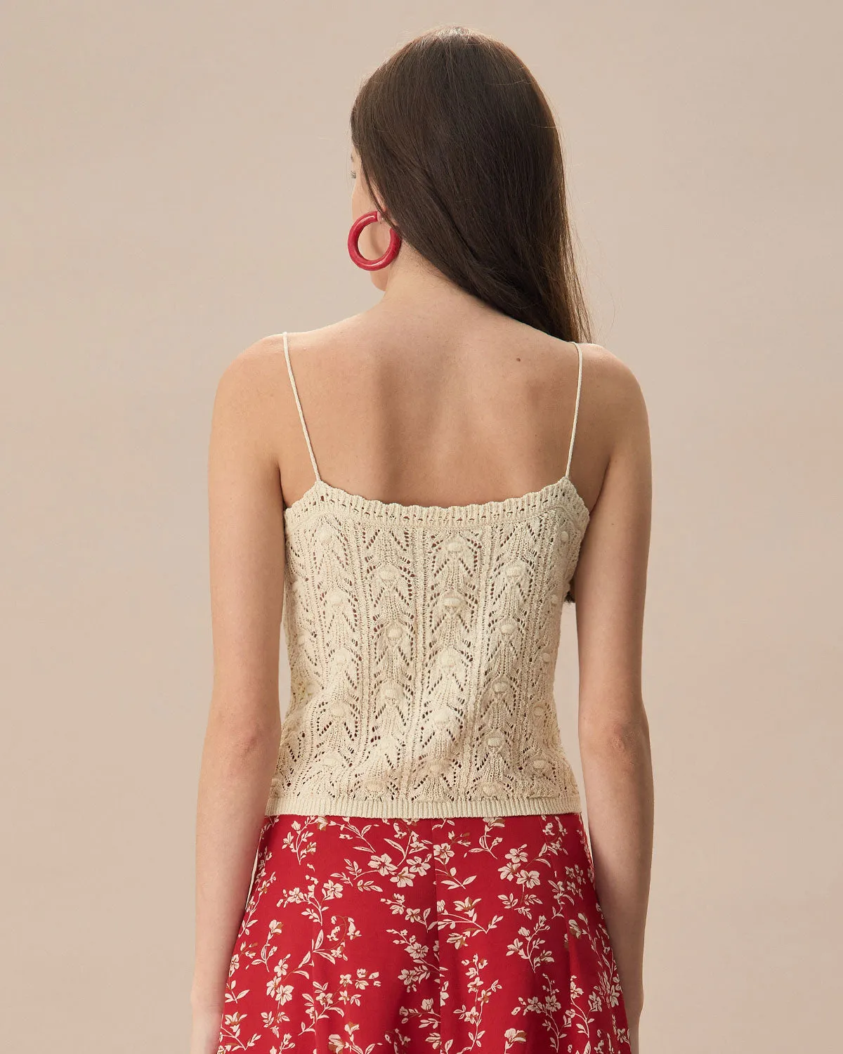 The Beige V Neck Pointelle Scalloped Cami Top