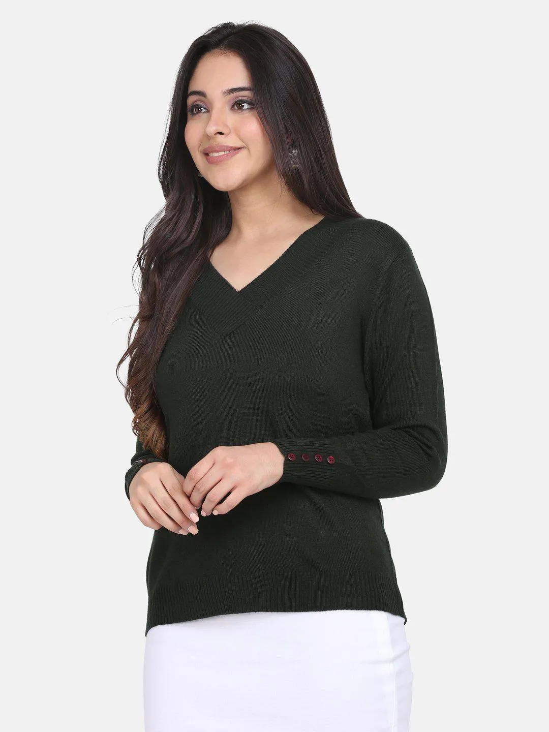 V neck Pullover - Bottle Green
