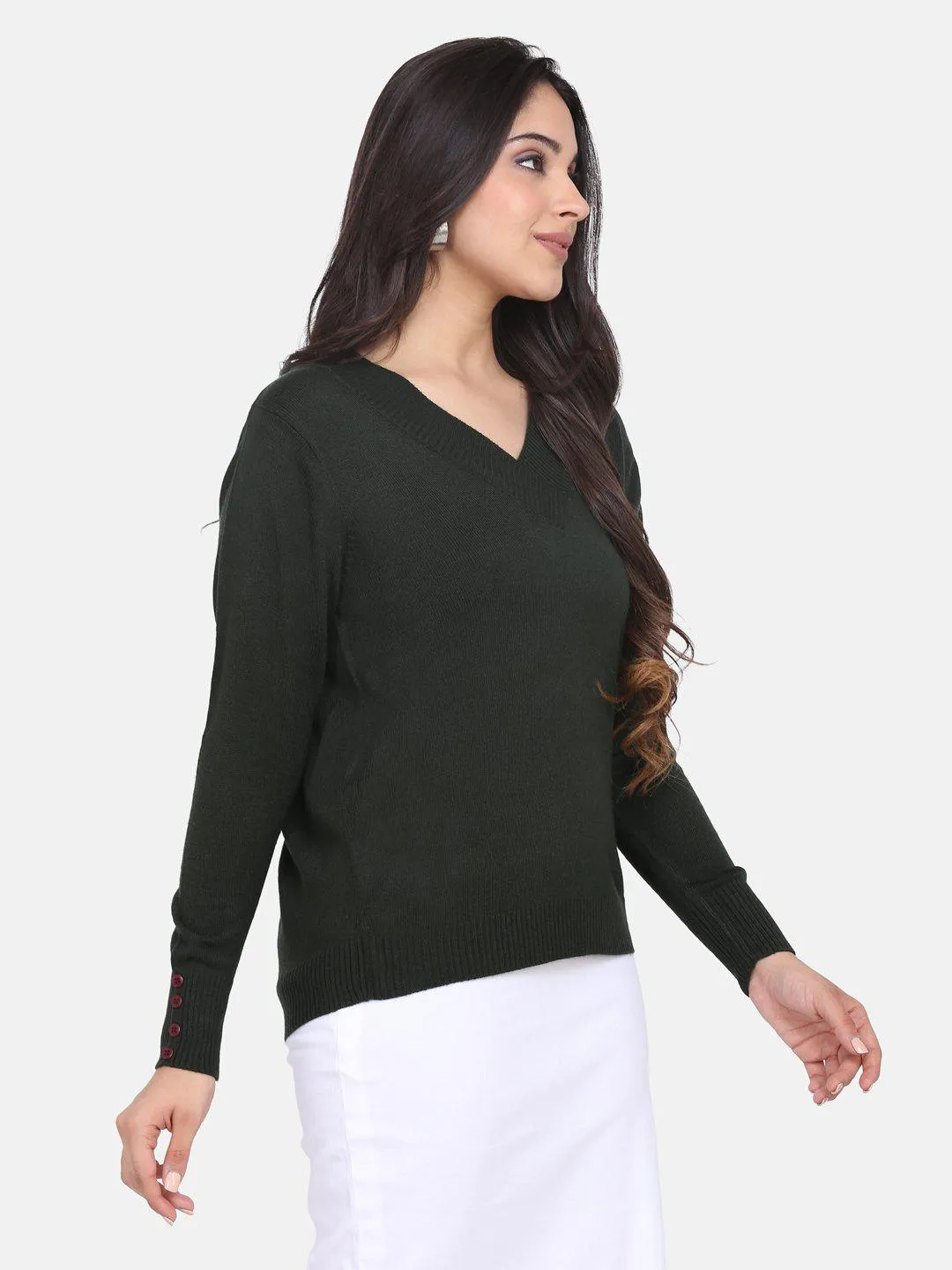 V neck Pullover - Bottle Green
