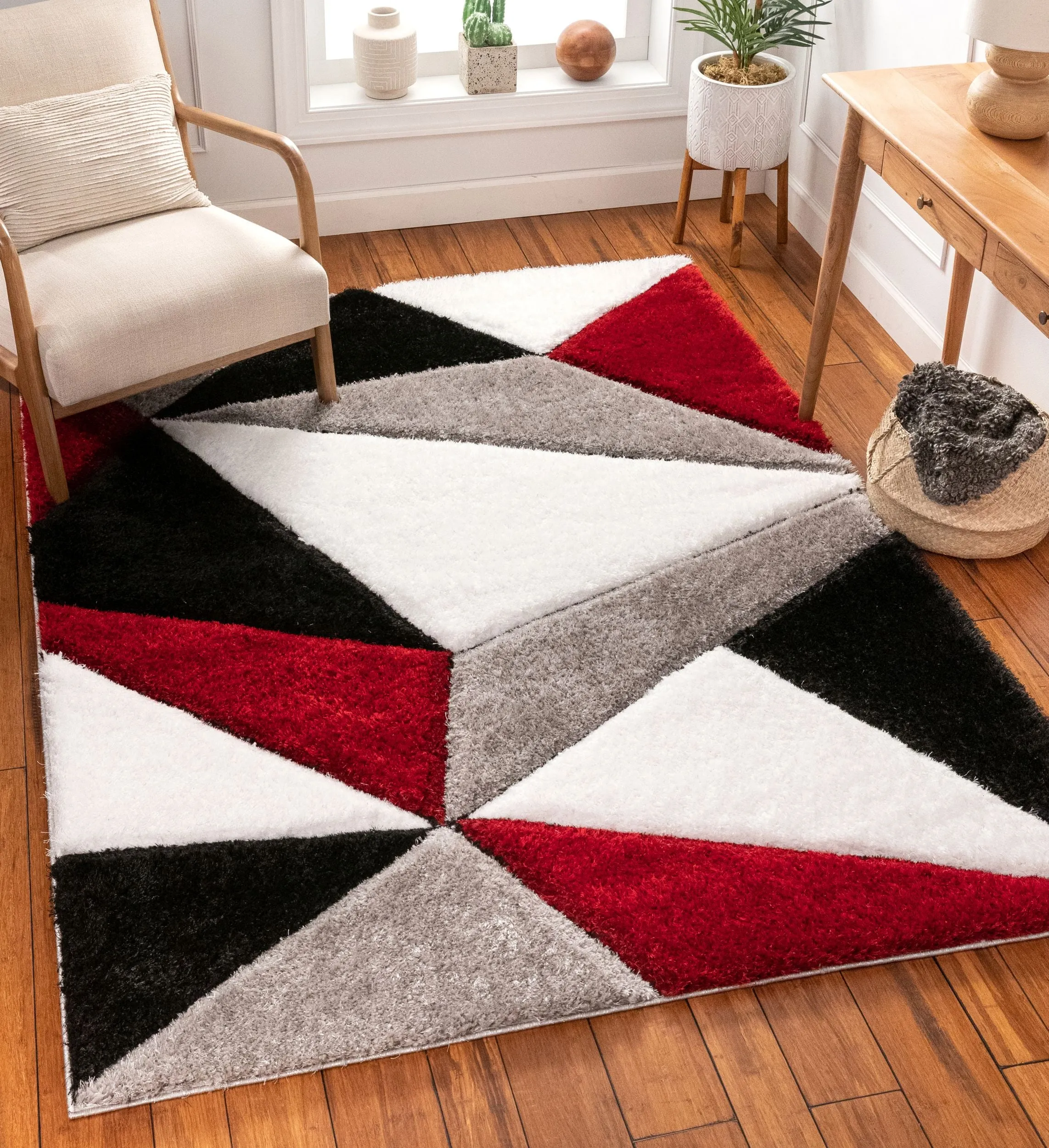 Venice Red Modern Geometric 3D Textured Shag Rug