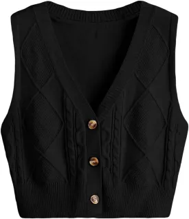 Verdusa Women's Button Up Sleeveless Sweater Vest Cable Knit Crop Top Outerwear