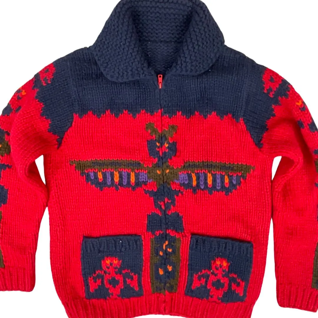 VINTAGE 1950s STYLE MENS TOTEM COWICHAN GRAPHIC KNIT ROCKABILLY CARDIGAN S 38”