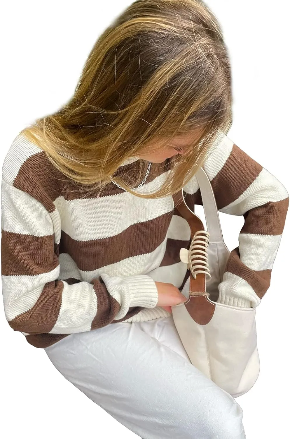 Women 90s Striped Knit Sweater Y2k Long Sleeve Oversized Pullover Sweaters Streetwear Fall Winter Knitwear