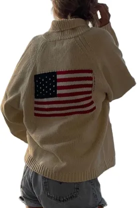 Women American Flag Cardigan Sweaters Patriotic Oversized Long Sleeve Button Down Open Front Cardigans Knitwear