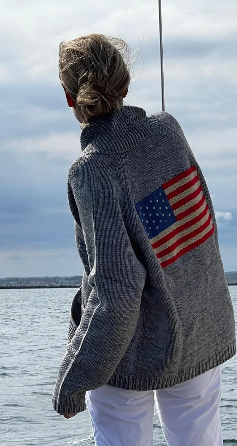 Women American Flag Cardigan Sweaters Patriotic Oversized Long Sleeve Button Down Open Front Cardigans Knitwear