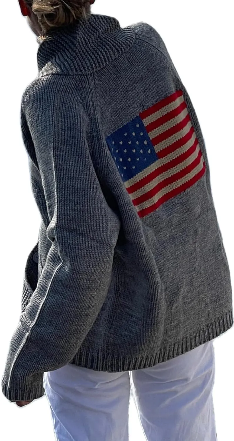 Women American Flag Cardigan Sweaters Patriotic Oversized Long Sleeve Button Down Open Front Cardigans Knitwear