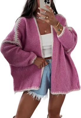 Women Fall Open Front Striped Cardigan Sweater Casual Loose Chunky Knit Coatigan Coat