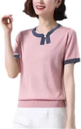 Women Summer Round Neck Knit T-Shirt Short Sleeve Knitwear Pullovers Casual Ice Silk Thin Tops