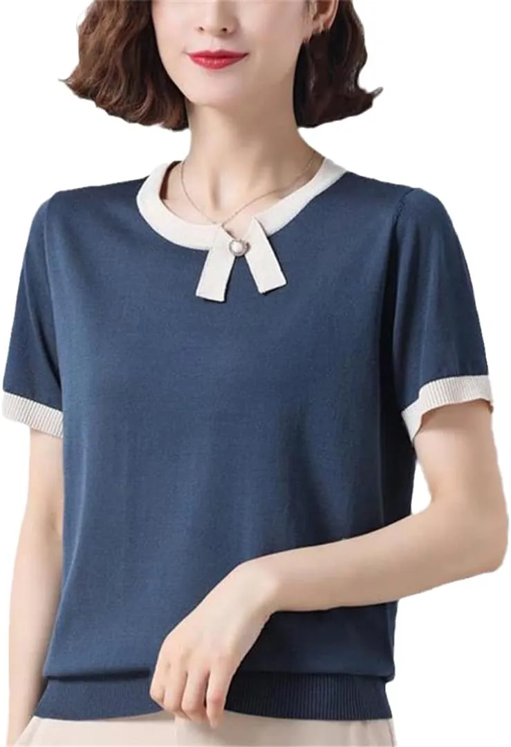 Women Summer Round Neck Knit T-Shirt Short Sleeve Knitwear Pullovers Casual Ice Silk Thin Tops