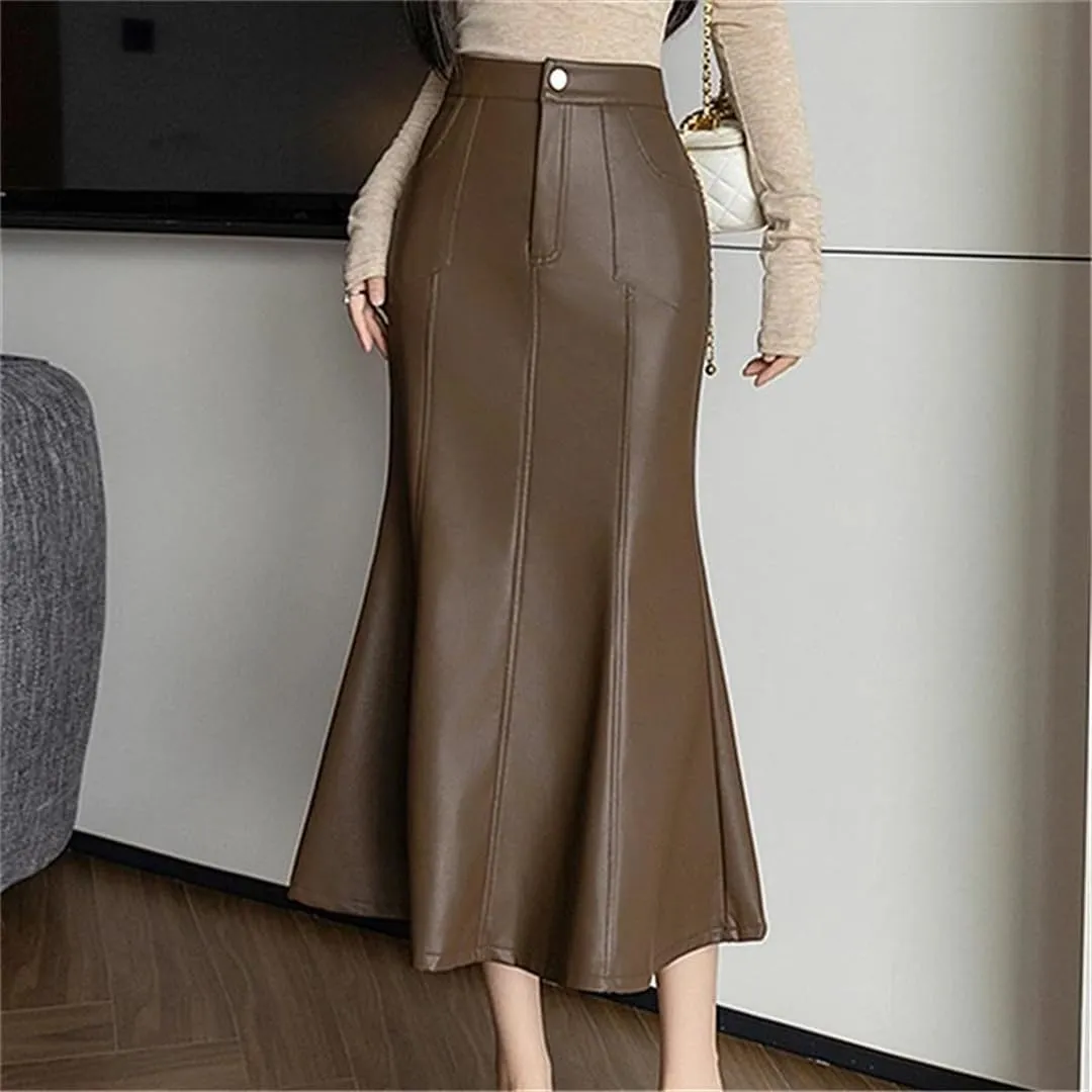 Women Winter Fishtail Wrapped Pencil Skirts Vintage High Waist PU Leather Skirts