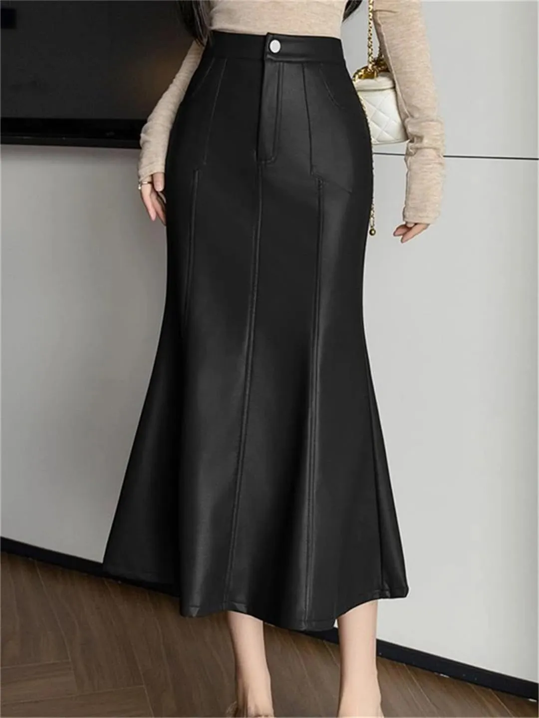 Women Winter Fishtail Wrapped Pencil Skirts Vintage High Waist PU Leather Skirts