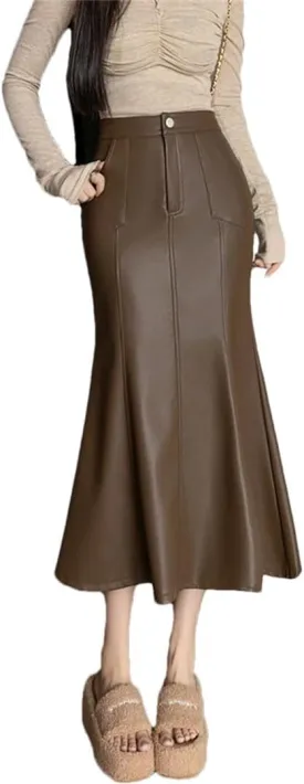 Women Winter Fishtail Wrapped Pencil Skirts Vintage High Waist PU Leather Skirts