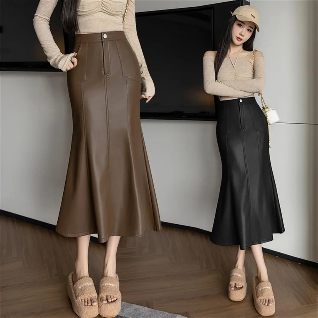 Women Winter Fishtail Wrapped Pencil Skirts Vintage High Waist PU Leather Skirts
