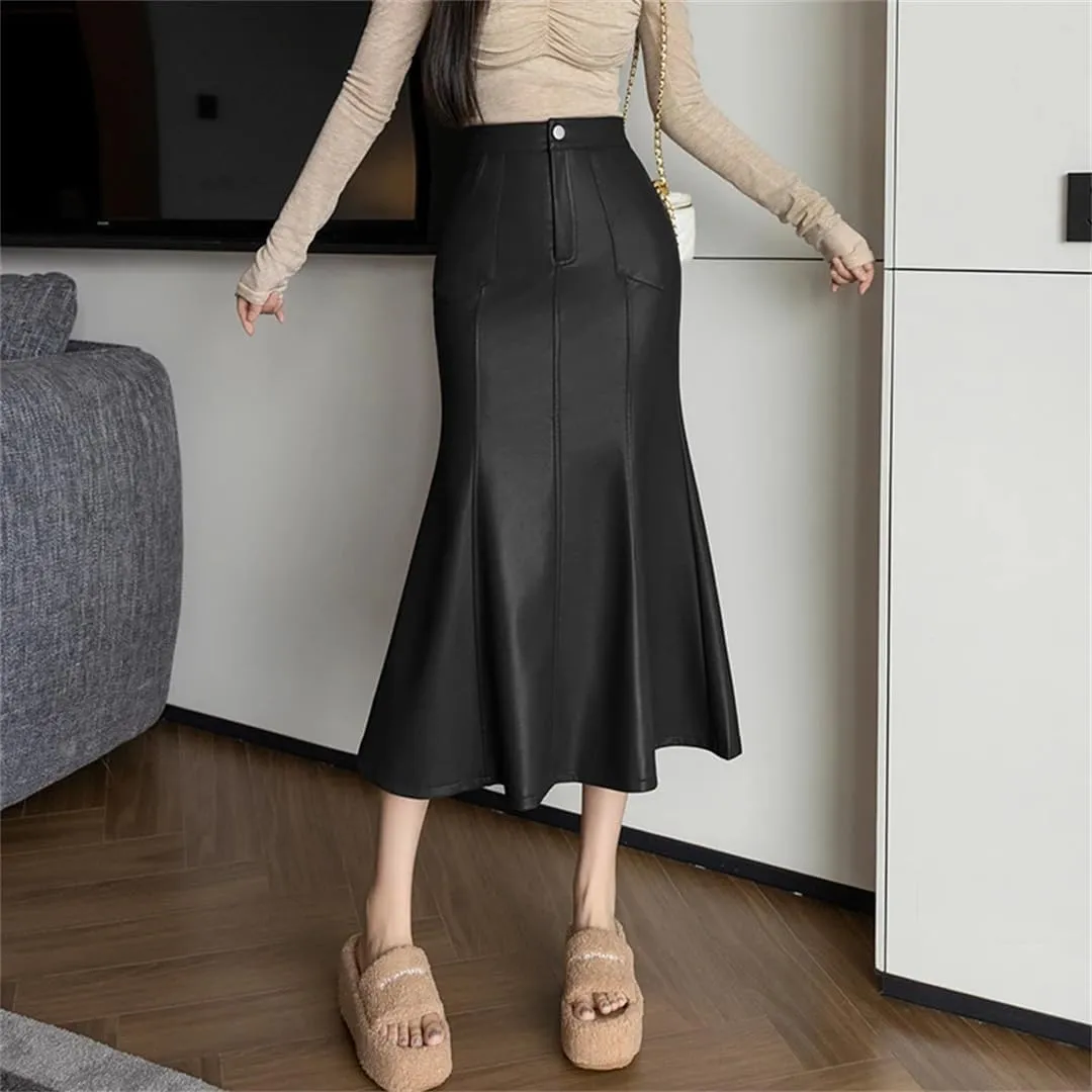 Women Winter Fishtail Wrapped Pencil Skirts Vintage High Waist PU Leather Skirts