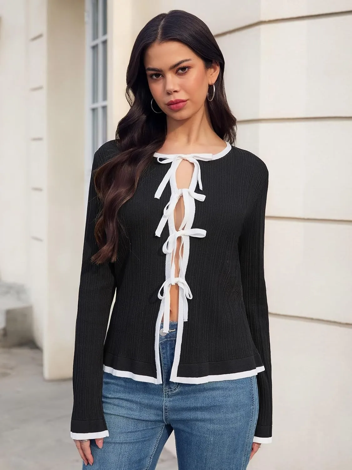 Womens Cardigan Tie Front Open Crop Tops Ribbed Knit Ruffled Contrast Color Edging Lightweight Knitwear Fitted Y2K