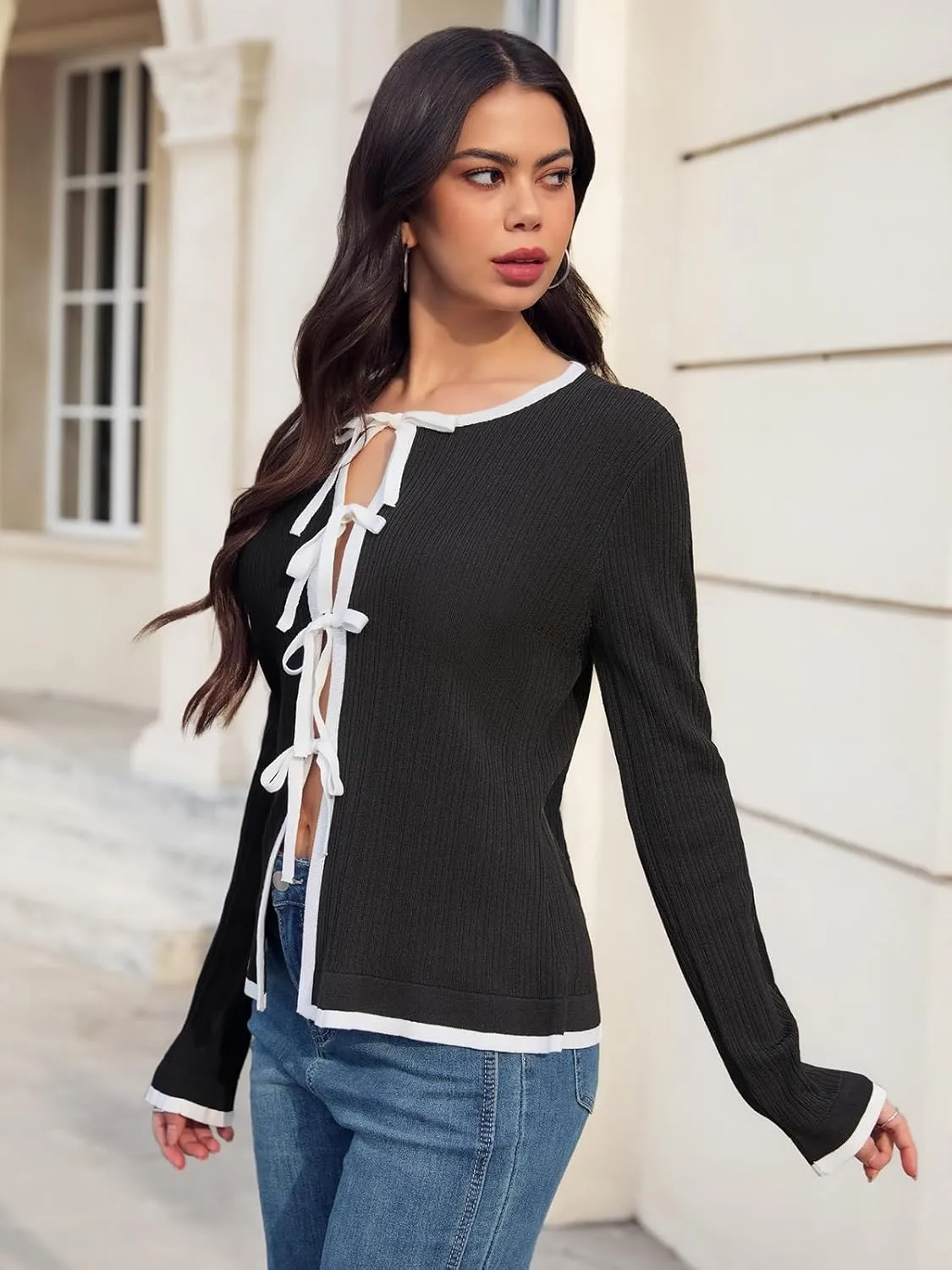 Womens Cardigan Tie Front Open Crop Tops Ribbed Knit Ruffled Contrast Color Edging Lightweight Knitwear Fitted Y2K