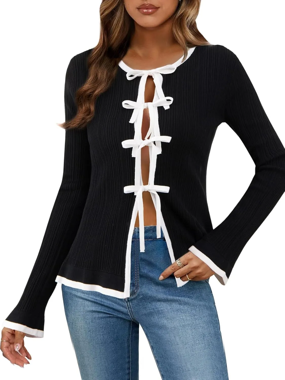Womens Cardigan Tie Front Open Crop Tops Ribbed Knit Ruffled Contrast Color Edging Lightweight Knitwear Fitted Y2K