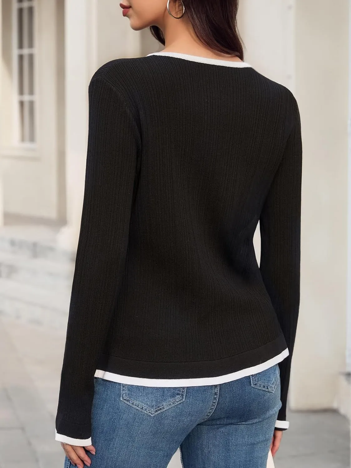 Womens Cardigan Tie Front Open Crop Tops Ribbed Knit Ruffled Contrast Color Edging Lightweight Knitwear Fitted Y2K