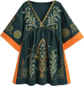Womens Oversized Embroidered Dress with V-Neck and 3/4 Sleeves Vintage Embroidery Babydoll Dress