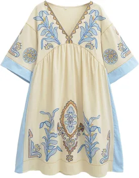 Womens Oversized Floral Embroidered Long Dress with V-Neck and 3/4 Sleeves Vintage Embroidery Babydoll Dress