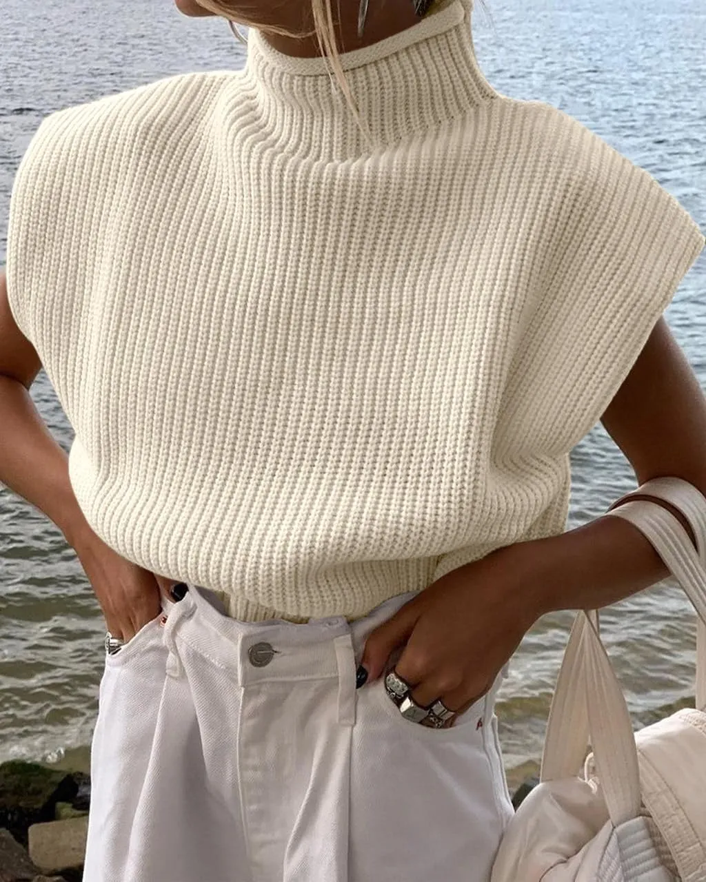 Women's Sleeveless Sweater Vest Elegant High Neck Mock Neck Cap Sleeve Knit Pullover Tank Tops