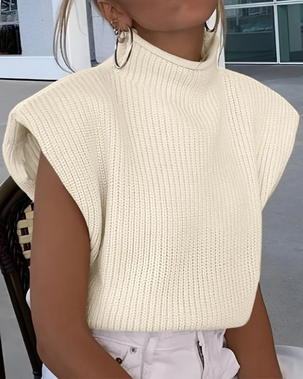Women's Sleeveless Sweater Vest Elegant High Neck Mock Neck Cap Sleeve Knit Pullover Tank Tops