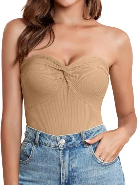 Womens Strapless Crop Top Twist Knot Front Bandeau Ribbed cuted Y2K Strapless Tank Summer Vacation Tops Corset