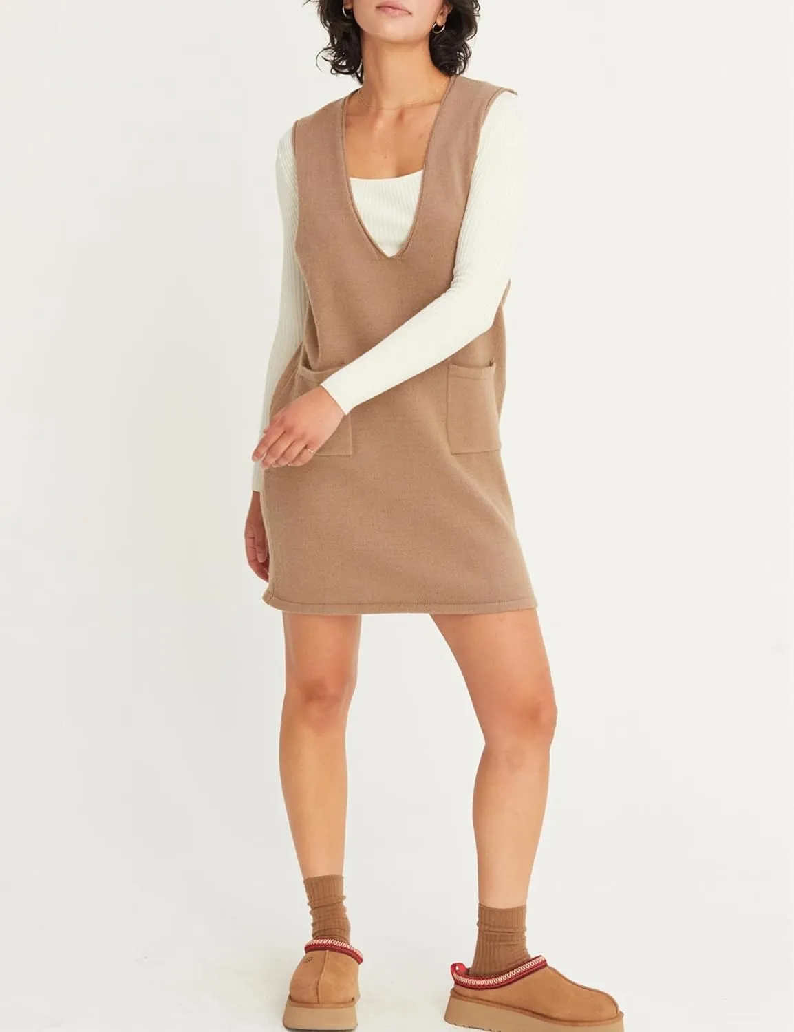 Womens Sweater Vest Dress V Neck Sleeveless Knit Pullover Pinafore Mini Dress with Pockets