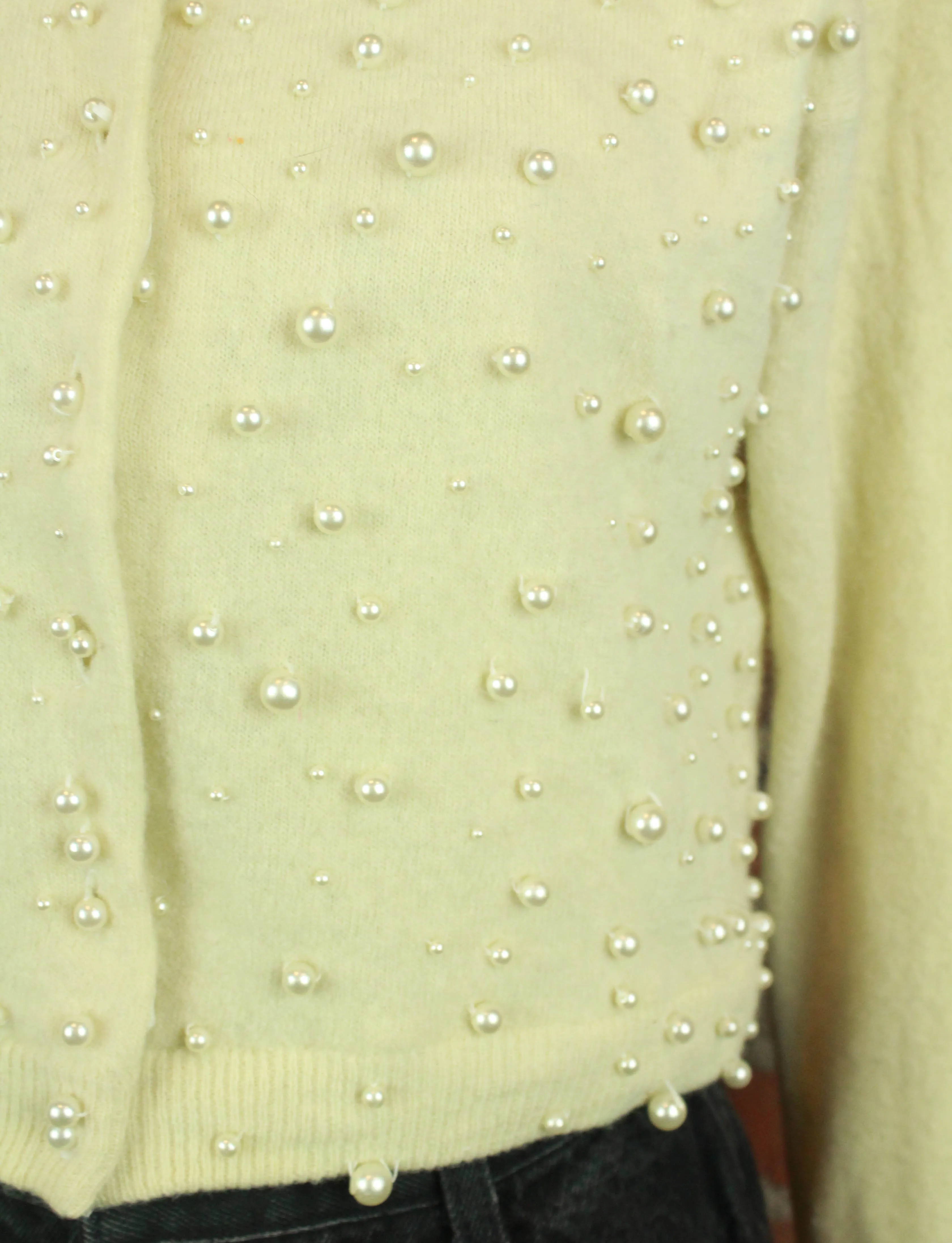 Women's Vintage White Pearl Beaded Cardigan Sweater - Medium