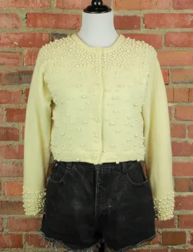 Women's Vintage White Pearl Beaded Cardigan Sweater - Medium