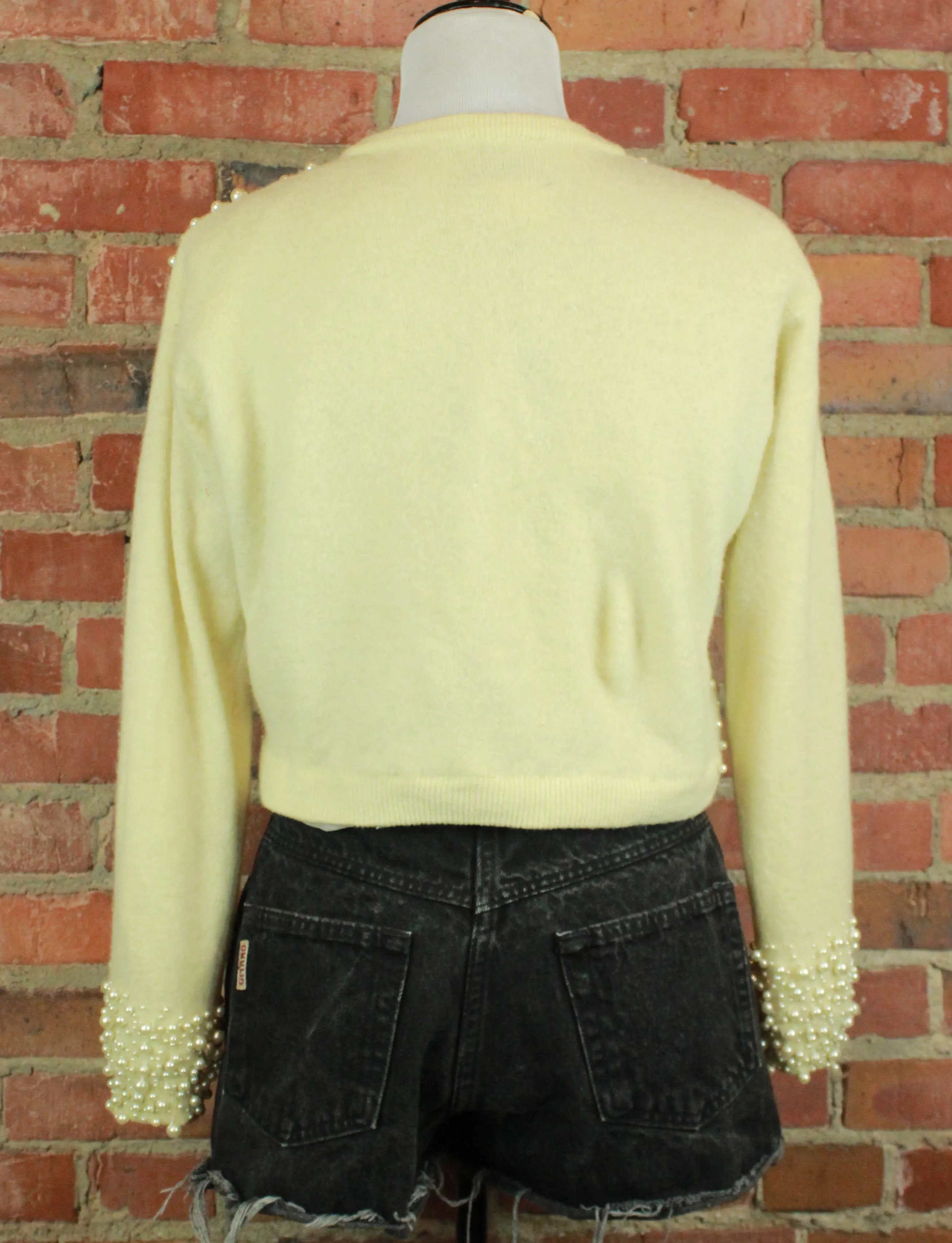 Women's Vintage White Pearl Beaded Cardigan Sweater - Medium