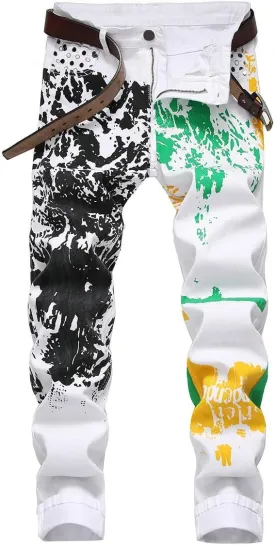 Ylingjun Mens Printed Patterned Stretch Skinny Biker Jeans