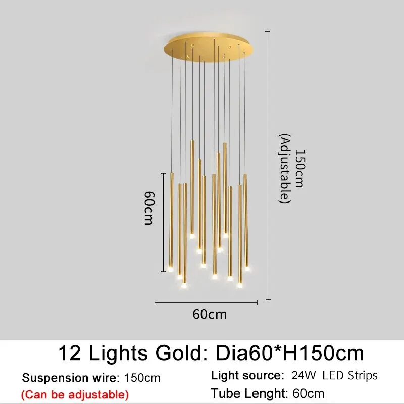 YLK Tube Design Modern LED chandelier long gold/black hanging light fixture