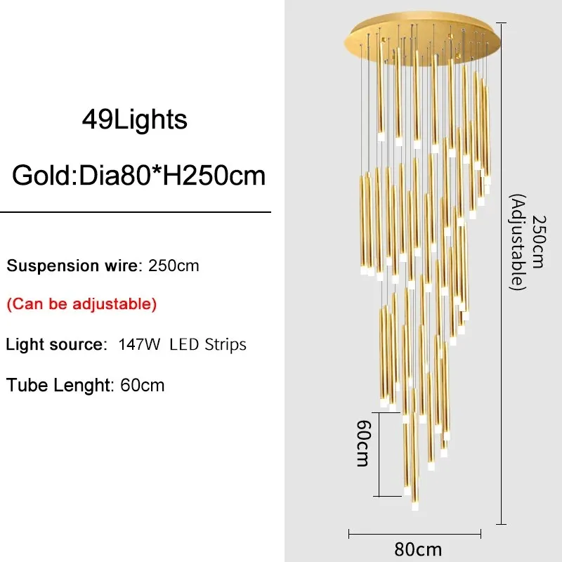 YLK Tube Design Modern LED chandelier long gold/black hanging light fixture