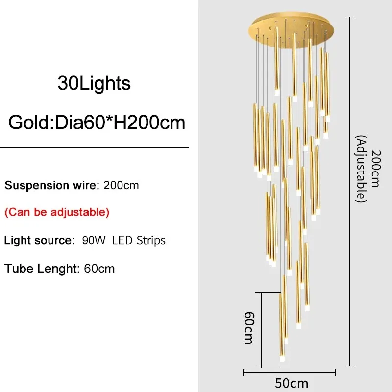 YLK Tube Design Modern LED chandelier long gold/black hanging light fixture