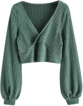 ZAFUL Women's Pullover Ribbed Cropped Knitwear Drawstring Ruched Knitted Crop Top Solid V-Neck Long Sleeve T-Shirt