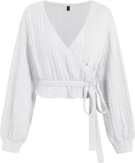 ZAFUL Women's V Neck Sweater Lantern Long Sleeve Pullover Cable Knit Cross Crop Top Casual Tie Wrap Tunic Jumper Blouses